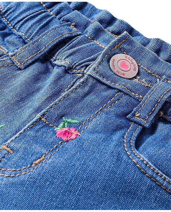Babyhug Full Length Stretchable Denim Jeans with Floral Embroidery - Blue