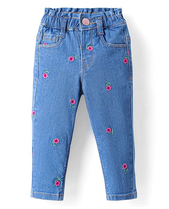Babyhug Full Length Stretchable Denim Jeans with Floral Embroidery - Blue