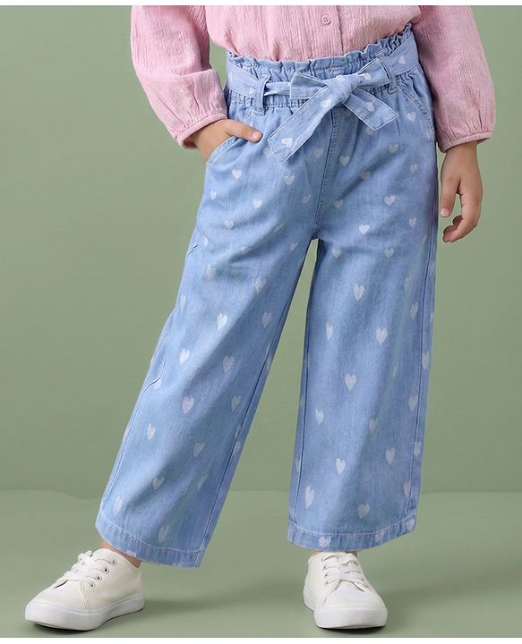Babyhug Ankle Length Denim Culotte Pant With Heart Print & Bow Applique - Light Blue