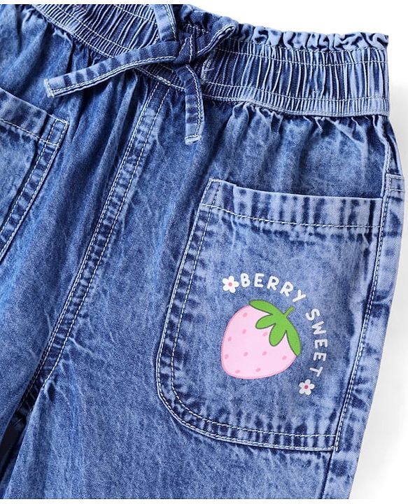 Babyhug Ankle Length Washed Culottes with Strawberry Print - Blue