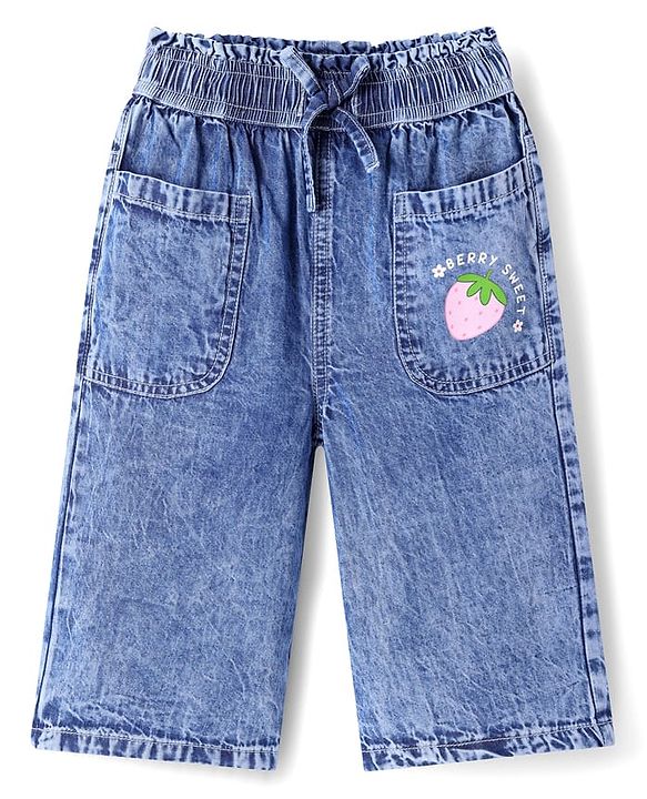 Babyhug Ankle Length Washed Culottes with Strawberry Print - Blue