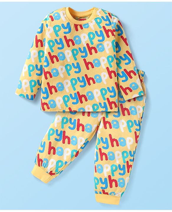 Babyhug 100% Cotton Knit Full Sleeves Night Suit With Happy Text Print - Yellow