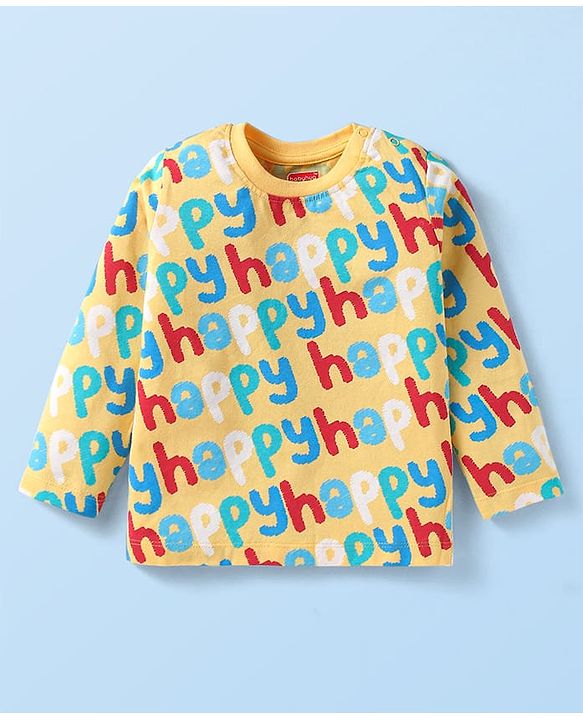 Babyhug 100% Cotton Knit Full Sleeves Night Suit With Happy Text Print - Yellow