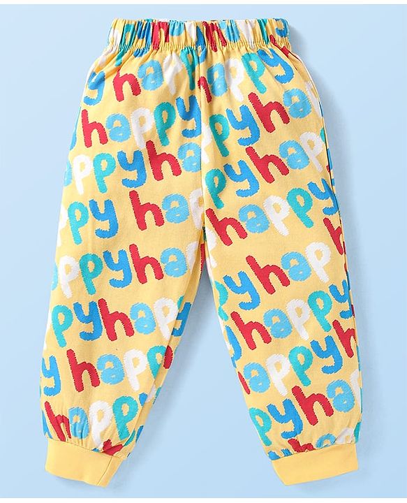 Babyhug 100% Cotton Knit Full Sleeves Night Suit With Happy Text Print - Yellow