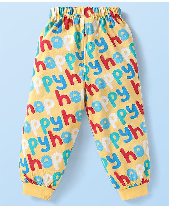 Babyhug 100% Cotton Knit Full Sleeves Night Suit With Happy Text Print - Yellow