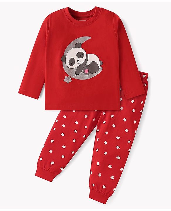 Babyhug Cotton Knit Full Sleeves Night Suit with Panda & Stars Print - Red