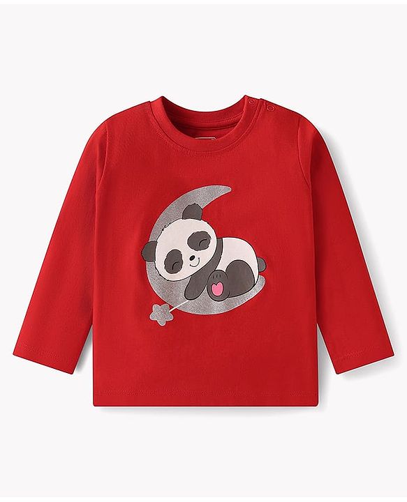 Babyhug Cotton Knit Full Sleeves Night Suit with Panda & Stars Print - Red