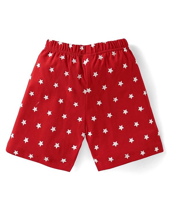 Babyhug Cotton Knit Half Sleeves Shorts Night Suit with Stars & Text Print - Red