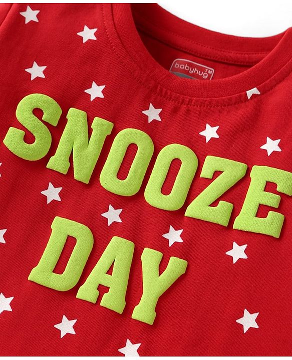 Babyhug Cotton Knit Half Sleeves Shorts Night Suit with Stars & Text Print - Red