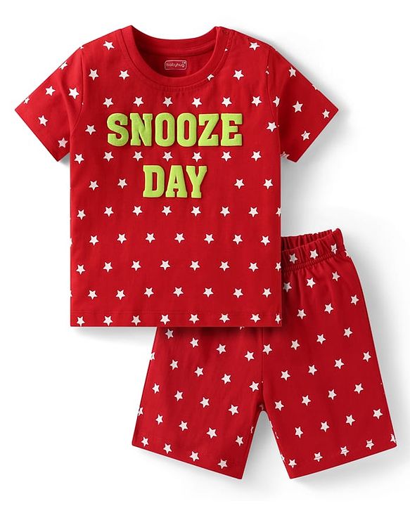 Babyhug Cotton Knit Half Sleeves Shorts Night Suit with Stars & Text Print - Red
