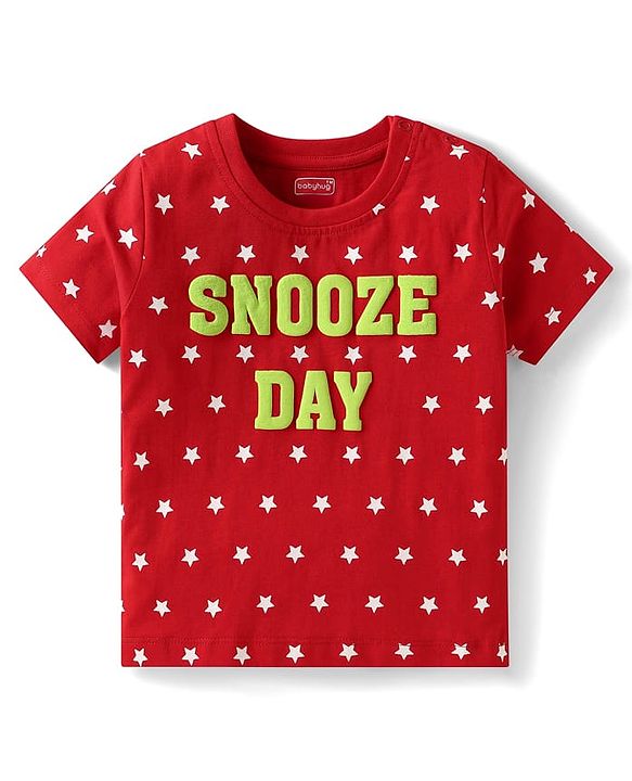 Babyhug Cotton Knit Half Sleeves Shorts Night Suit with Stars & Text Print - Red