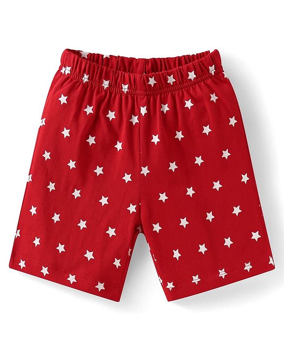 Babyhug Cotton Knit Half Sleeves Shorts Night Suit with Stars & Text Print - Red