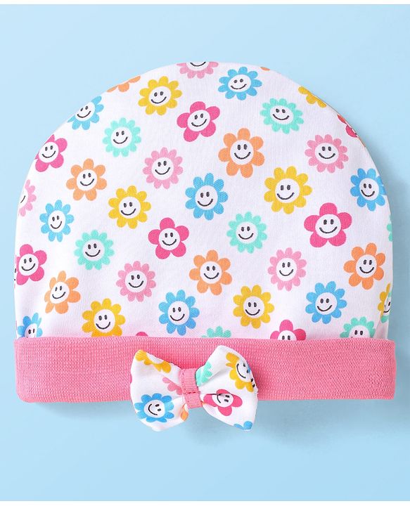 Babyhug 100% Cotton Knit Cap with Bow Applique & Floral Smiley Print White - Diameter 15 cm
