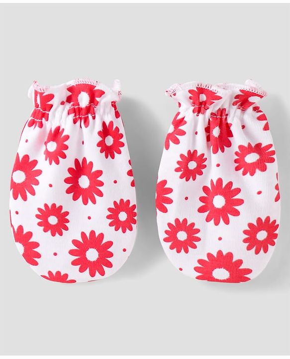 Babyhug 100% Cotton Knit Mittens & Booties with Floral Print - Red