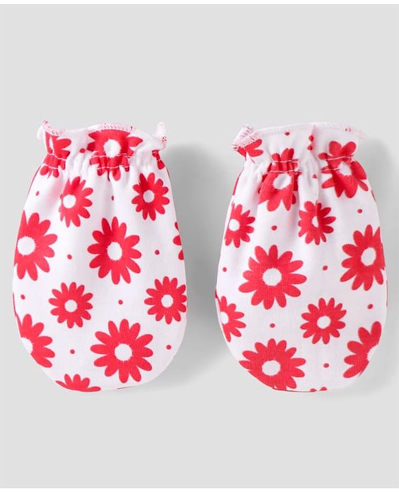 Babyhug 100% Cotton Knit Mittens & Booties with Floral Print - Red