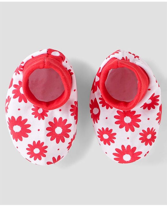 Babyhug 100% Cotton Knit Mittens & Booties with Floral Print - Red