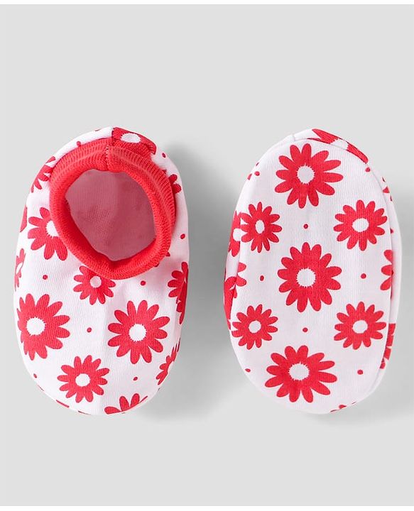 Babyhug 100% Cotton Knit Mittens & Booties with Floral Print - Red