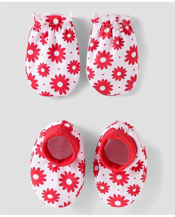 Babyhug 100% Cotton Knit Mittens & Booties with Floral Print - Red