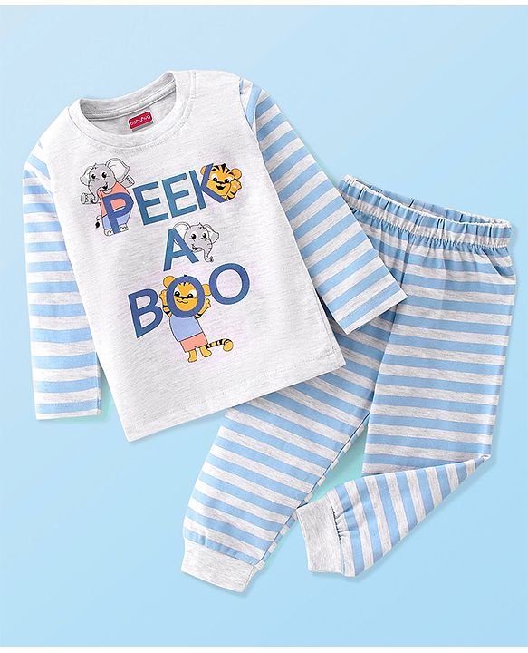 Babyhug Single Jersey Knit Full Sleeves Night Suit Elephant Printed - White & Blue