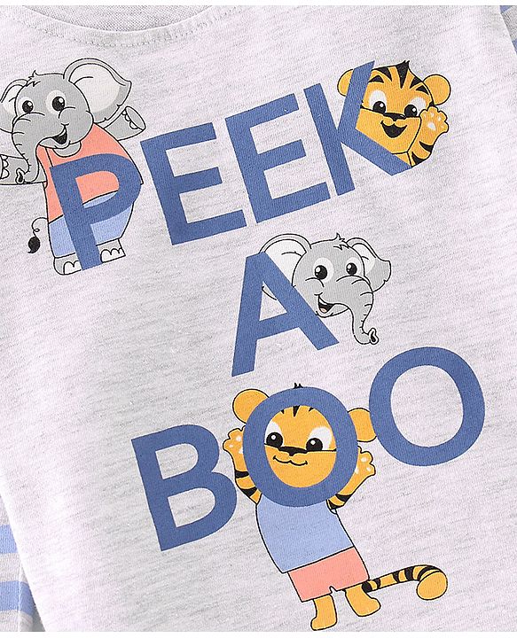 Babyhug Single Jersey Knit Full Sleeves Night Suit Elephant Printed - White & Blue