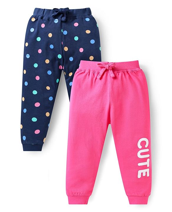 Babyhug Single Jersey Knit Full Length Lounge Pants Pack Of 2 with Polka Dots & Text Print - Pink Navy Blue