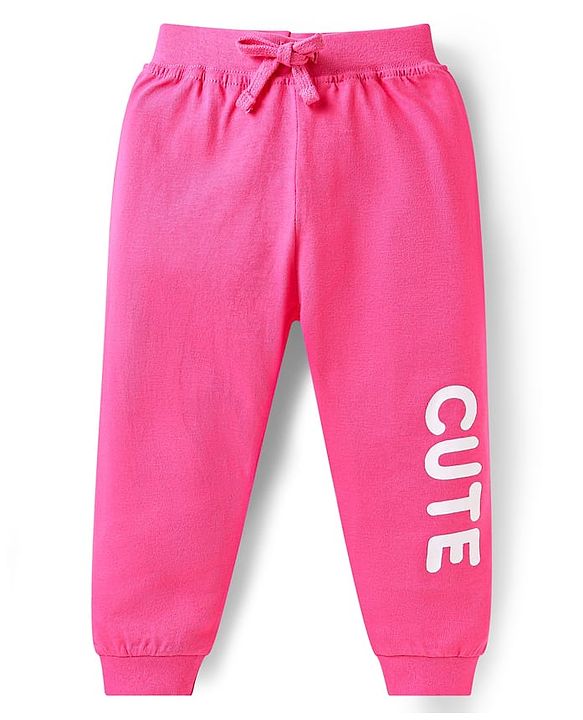 Babyhug Single Jersey Knit Full Length Lounge Pants Pack Of 2 with Polka Dots & Text Print - Pink Navy Blue
