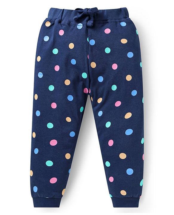 Babyhug Single Jersey Knit Full Length Lounge Pants Pack Of 2 with Polka Dots & Text Print - Pink Navy Blue