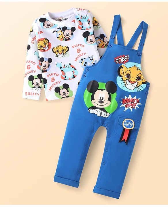 Babyhug Disney Single Jersey Knit Dungaree & Full Sleeves T-Shirt Set with Mickey Mouse Graphics - White & Blue
