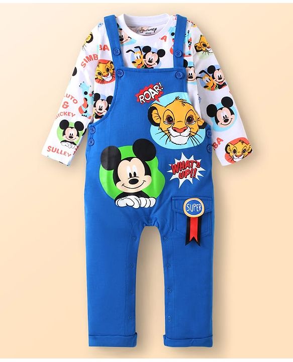 Babyhug Disney Single Jersey Knit Dungaree & Full Sleeves T-Shirt Set with Mickey Mouse Graphics - White & Blue