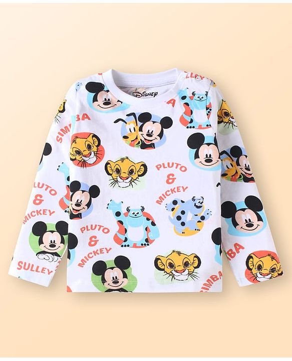 Babyhug Disney Single Jersey Knit Dungaree & Full Sleeves T-Shirt Set with Mickey Mouse Graphics - White & Blue