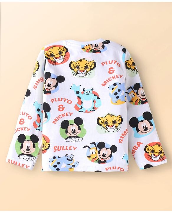 Babyhug Disney Single Jersey Knit Dungaree & Full Sleeves T-Shirt Set with Mickey Mouse Graphics - White & Blue