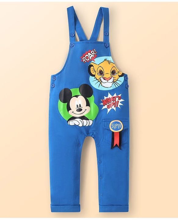 Babyhug Disney Single Jersey Knit Dungaree & Full Sleeves T-Shirt Set with Mickey Mouse Graphics - White & Blue