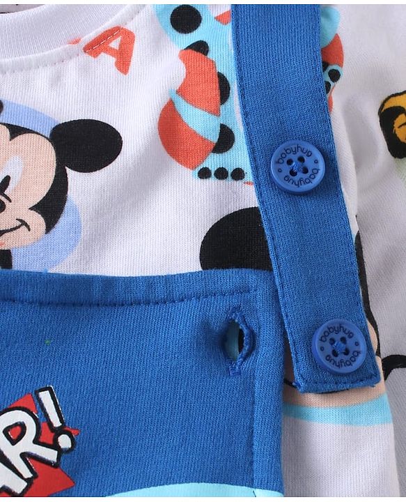 Babyhug Disney Single Jersey Knit Dungaree & Full Sleeves T-Shirt Set with Mickey Mouse Graphics - White & Blue