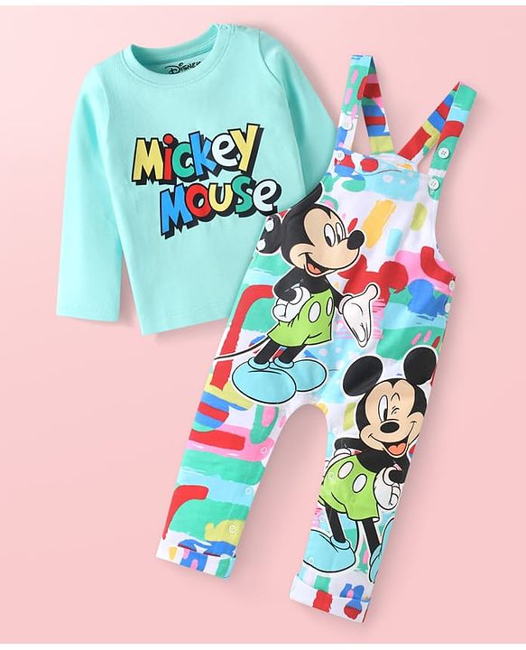 Babyhug Disney Single Jersey Knit Dungaree & Full Sleeves T-Shirt Set with Mickey Mouse Graphics - Aqua Blue