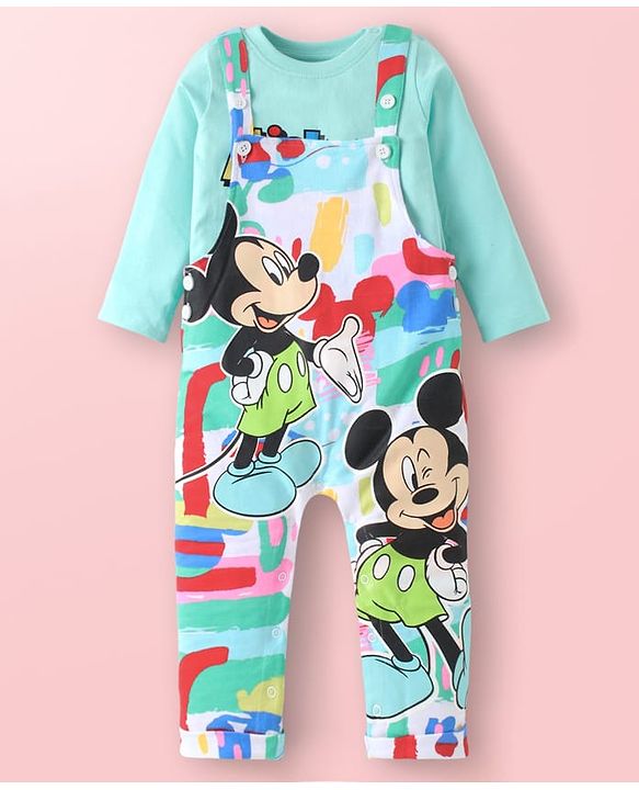 Babyhug Disney Single Jersey Knit Dungaree & Full Sleeves T-Shirt Set with Mickey Mouse Graphics - Aqua Blue