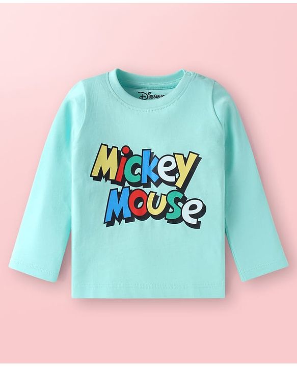 Babyhug Disney Single Jersey Knit Dungaree & Full Sleeves T-Shirt Set with Mickey Mouse Graphics - Aqua Blue