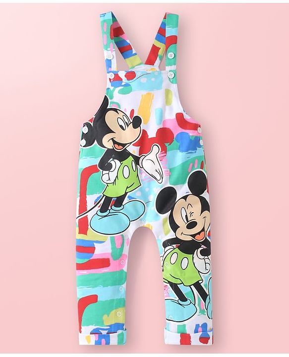 Babyhug Disney Single Jersey Knit Dungaree & Full Sleeves T-Shirt Set with Mickey Mouse Graphics - Aqua Blue