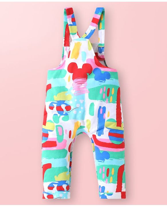 Babyhug Disney Single Jersey Knit Dungaree & Full Sleeves T-Shirt Set with Mickey Mouse Graphics - Aqua Blue