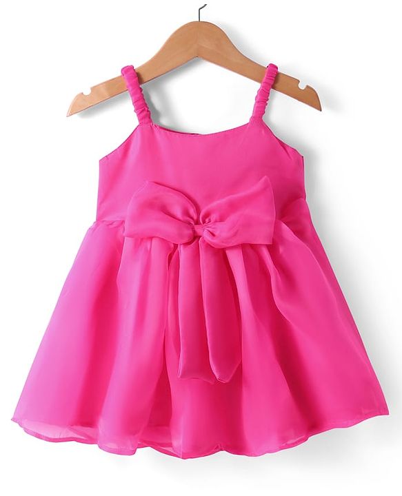 Babyhug Woven Singlet Sleeves Party Dress with Bow Applique - Dark Pink