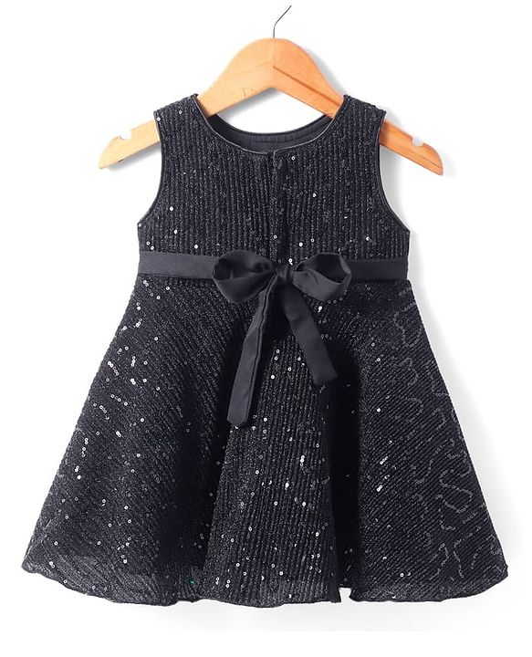 Babyhug Woven Sleeveless Party Wear Fit And Flare Dress With Sequin And Bow Applique -  Black