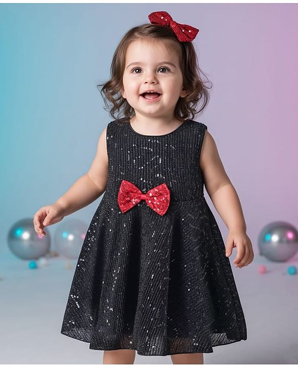 Babyhug Woven Sleeveless Party Wear Fit And Flare Dress With Sequin And Bow Applique -  Black