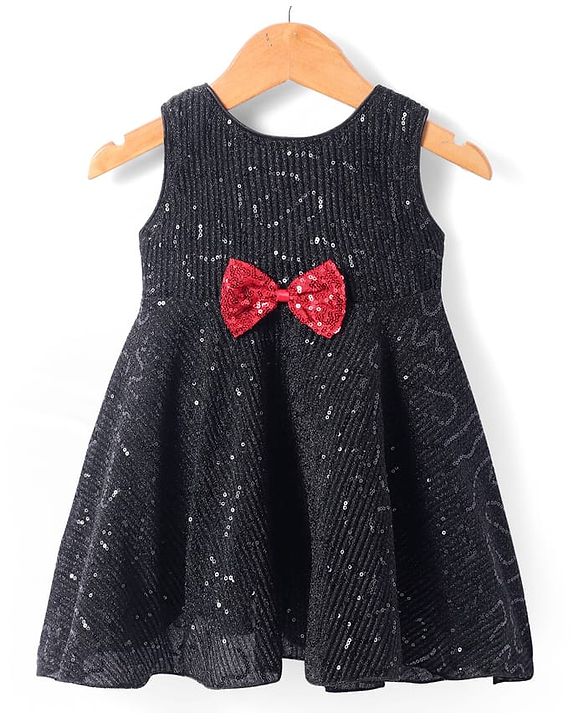 Babyhug Woven Sleeveless Party Wear Fit And Flare Dress With Sequin And Bow Applique -  Black