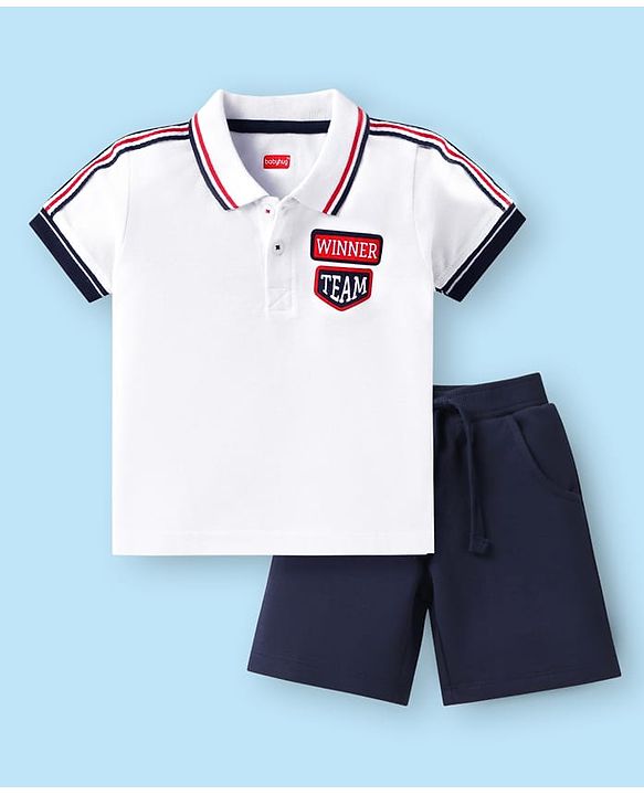 Babyhug Single Jersey Knit Half Sleeves Polo T-Shirt & Shorts Set with Patch & Tape Detailing - White & Navy Blue