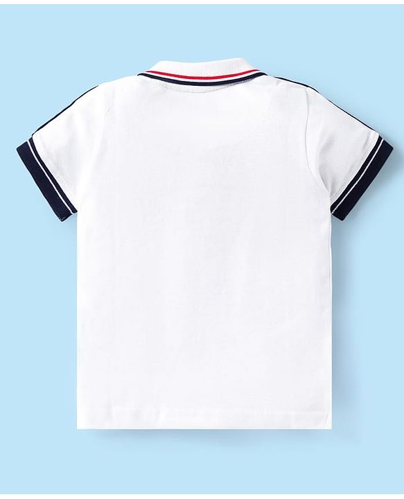 Babyhug Single Jersey Knit Half Sleeves Polo T-Shirt & Shorts Set with Patch & Tape Detailing - White & Navy Blue