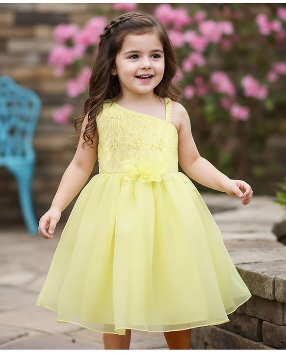 Babyhug Woven Sleeveless Party Dress with Floral  Embroidery on Yoke - Yellow