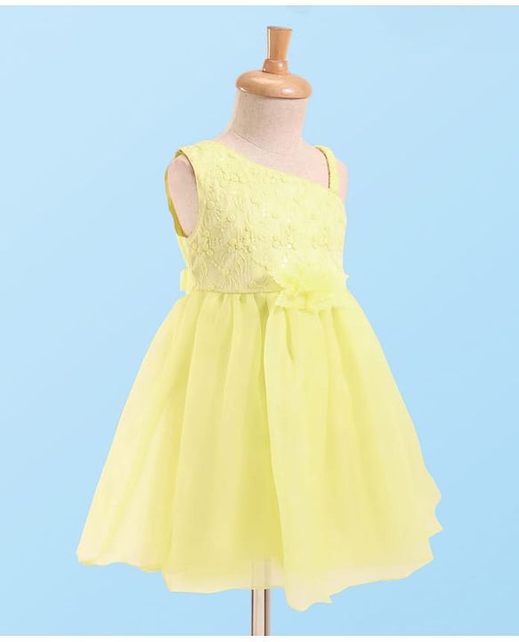 Babyhug Woven Sleeveless Party Dress with Floral  Embroidery on Yoke - Yellow