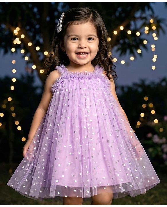 Babyhug Woven Sleeveless Mesh Party Dress With Silver Foil Polka Dot Print - Lavender