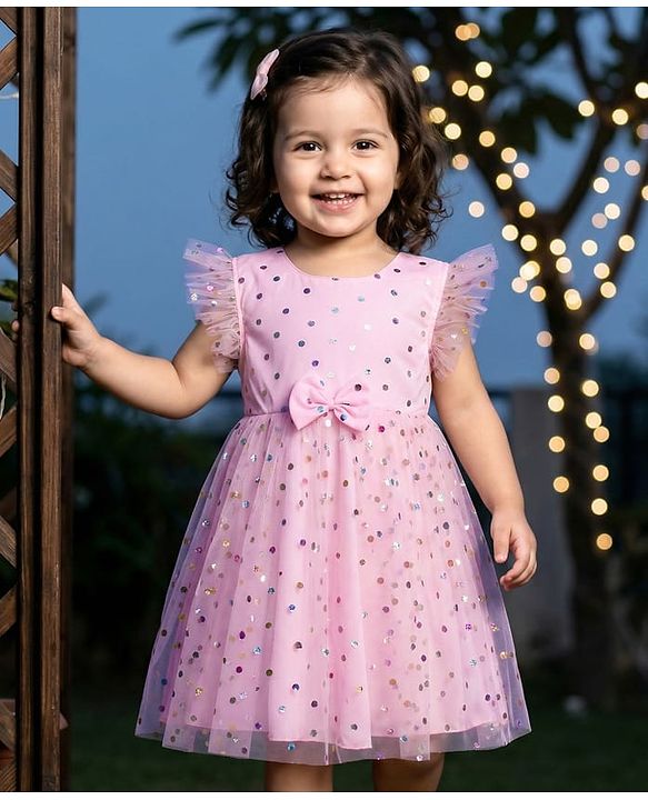 Babyhug Woven Frill Sleeves Mesh Party Party Dress with Foil Print & Bow Applique - Pink