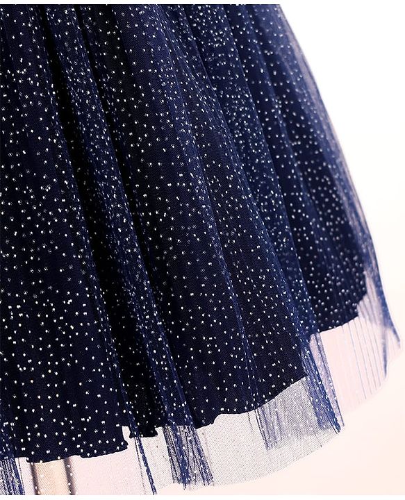 Babyhug Woven Sleeveless Party Dress With Bow Applique & Sequin - Navy Blue