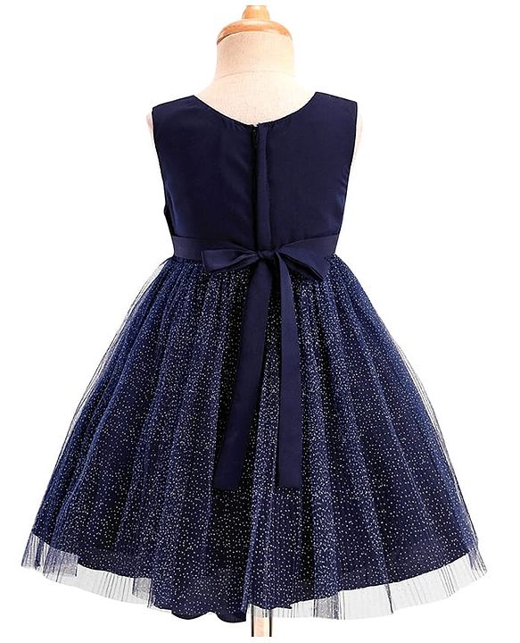 Babyhug Woven Sleeveless Party Dress With Bow Applique & Sequin - Navy Blue
